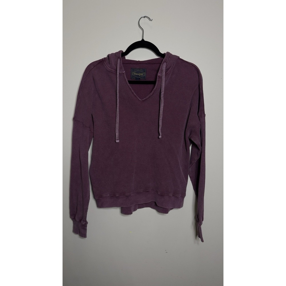 Threadgrit Hoodie M Medium Purple Mauve Waffle Knit V-Neck Thermal Pullover